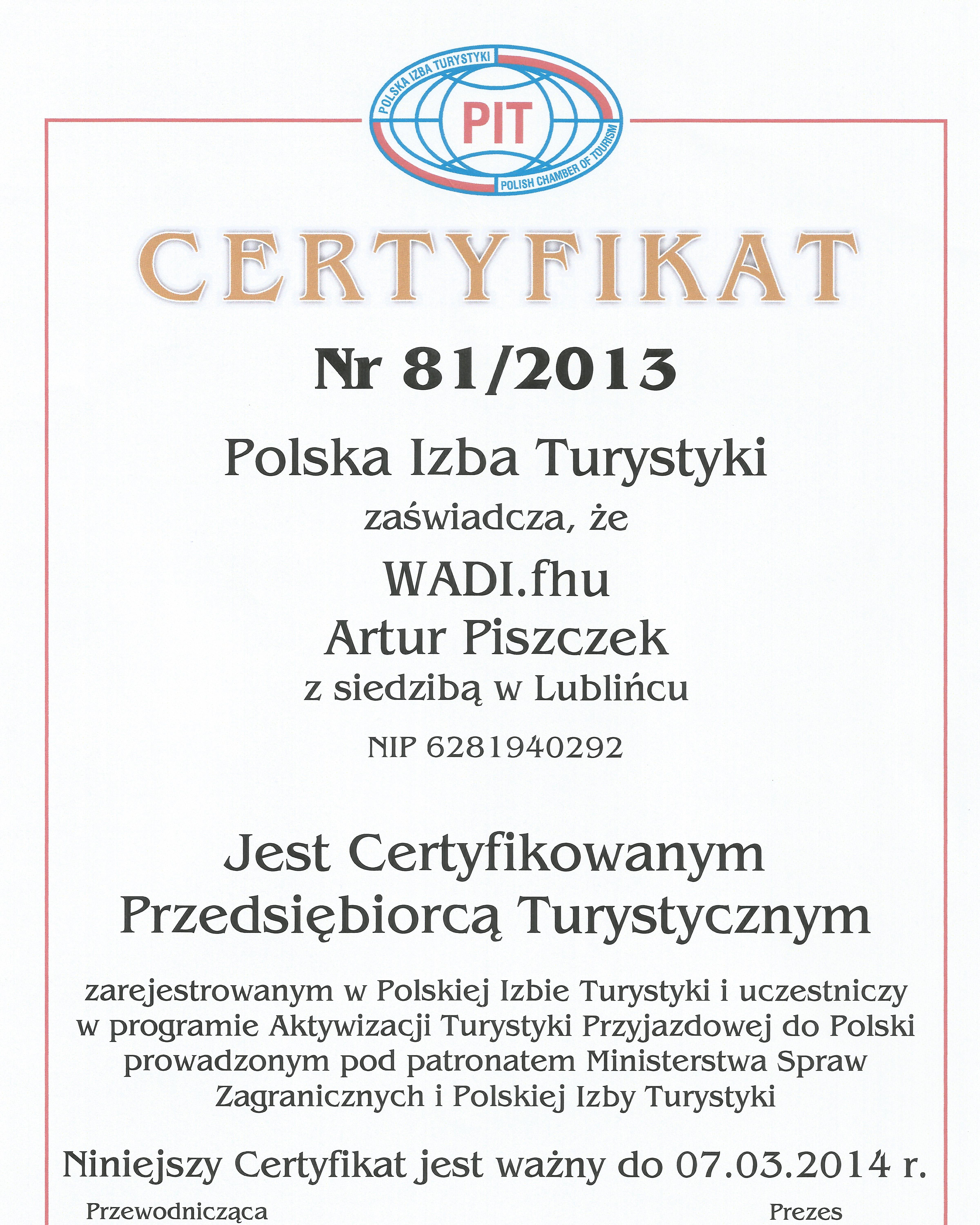 Certyfikat PIT 2013