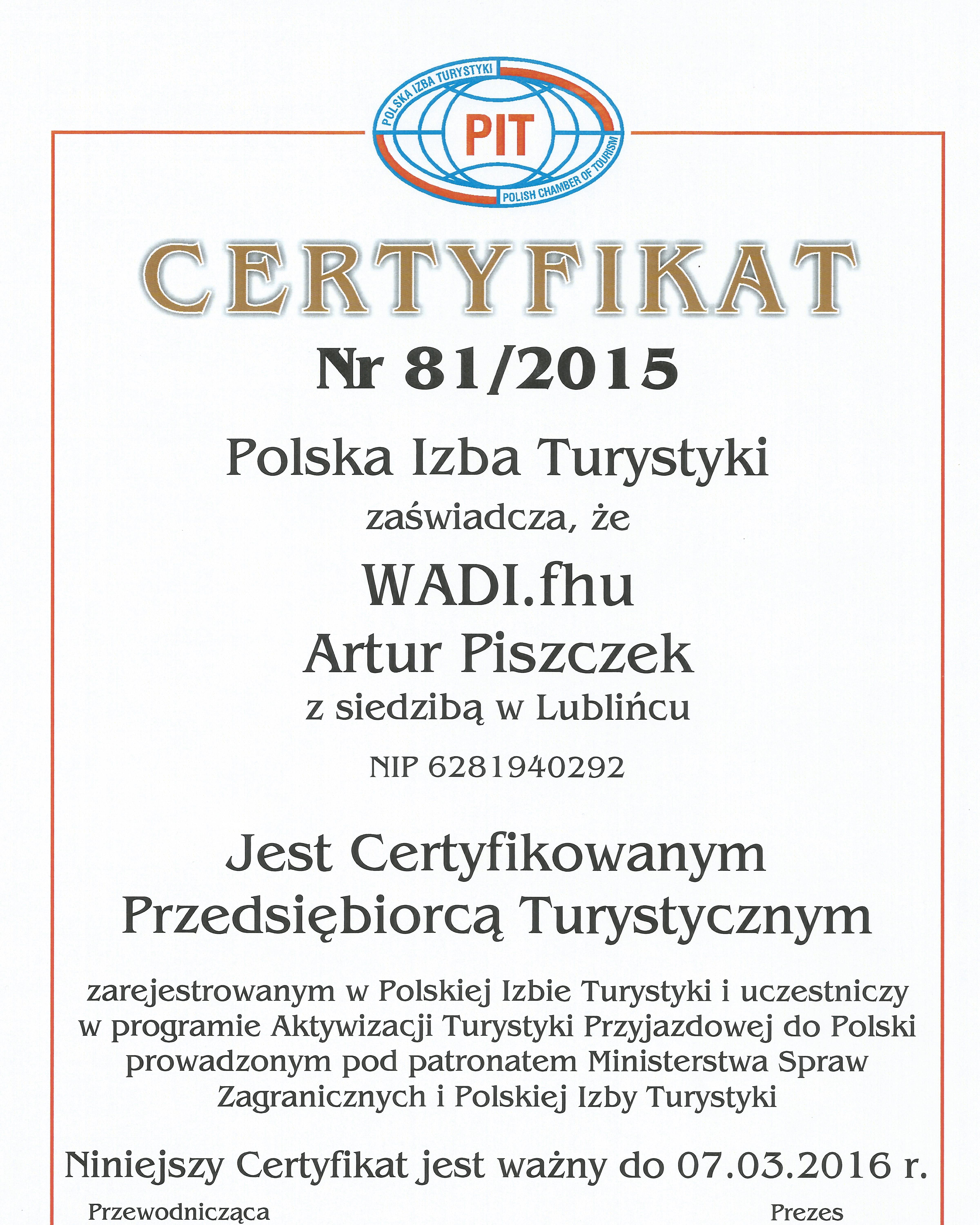 Certyfikat PIT 2015